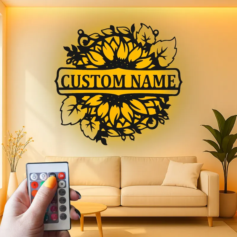 Insegna in Metallo Girasole Personalizzata | Arte da Parete Floreale LED Personalizzata | Targa con Nome per Decorazione della Casa | Regalo per Inaugurazione della Casa Boho