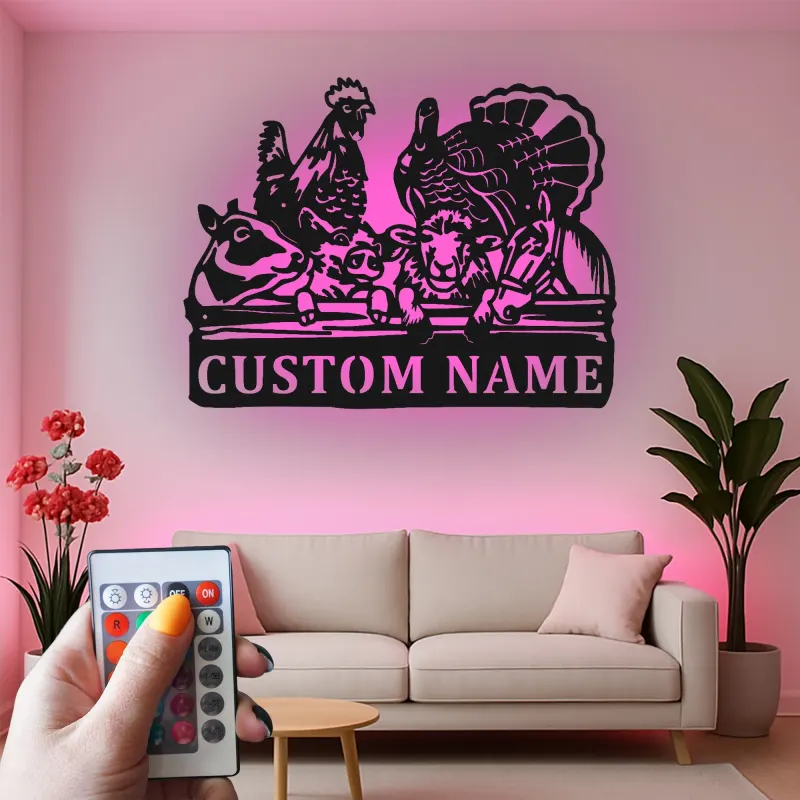 Décoration murale en métal personnalisée avec animaux de la ferme et rétroéclairage