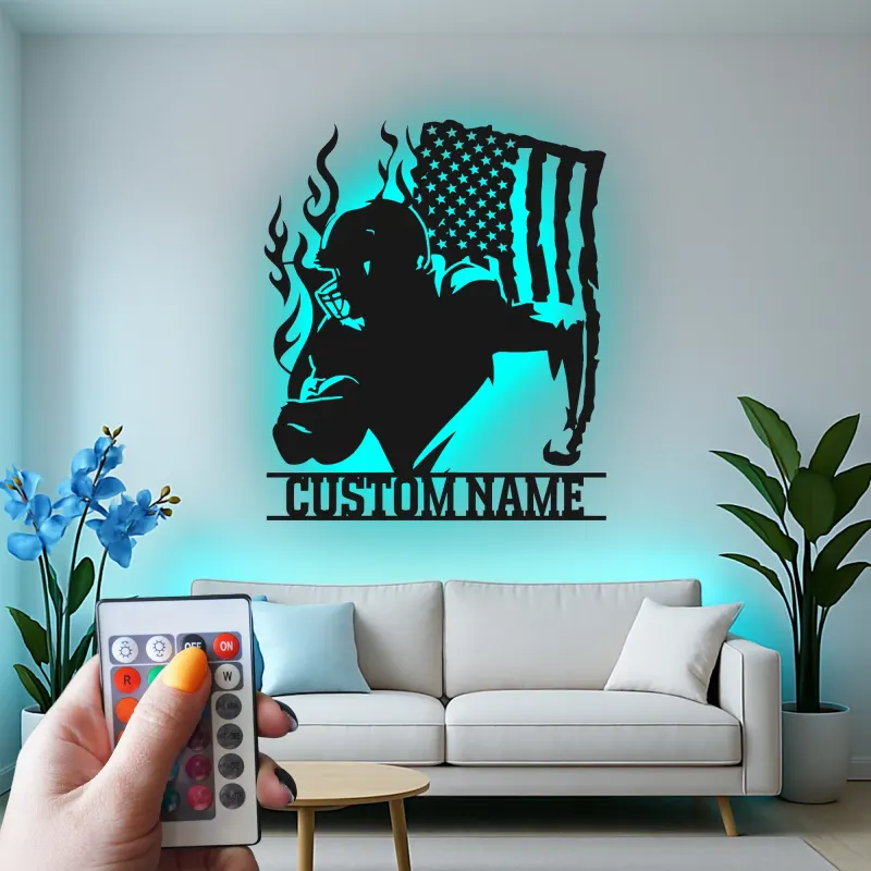 Plaque LED personnalisée joueur de football américain | Décoration murale en métal personnalisée pour salle de jeux | Cadeau pour adolescent sportif