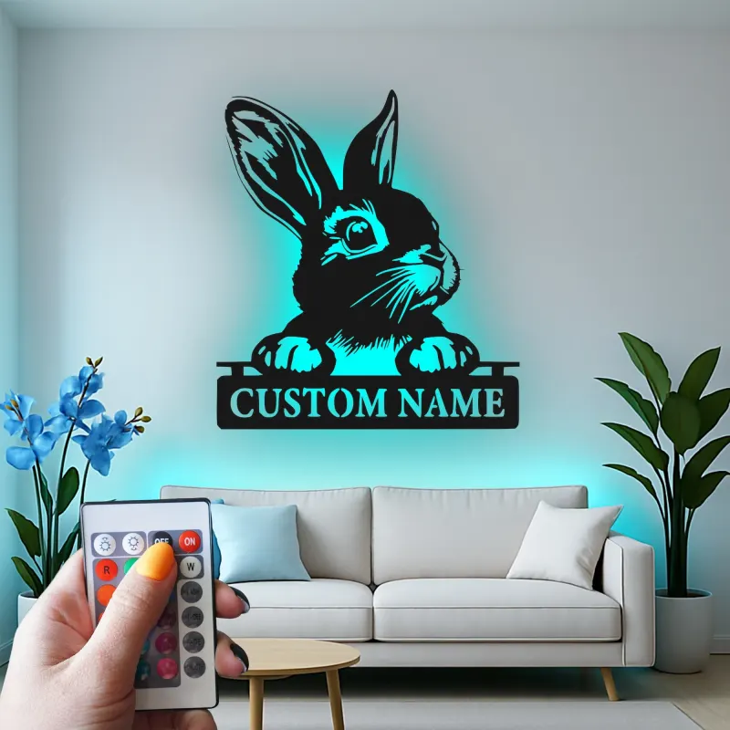 Cartel de metal LED personalizado de conejo, regalo para amantes de conejos, decoración para guardería o habitación infantil 1