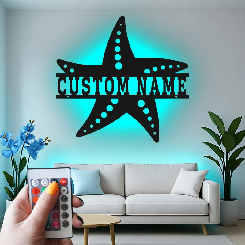 Letrero LED personalizado con estrella de mar | Arte mural de metal | Decoración náutica para casa de playa | Idea de regalo para negocio y hogar costero