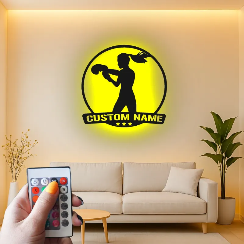 Décoration murale en métal personnalisée pour boxeuse avec rétroéclairage LED - Cadeau personnalisé pour passionné de boxe, décoration de gym ou de maison