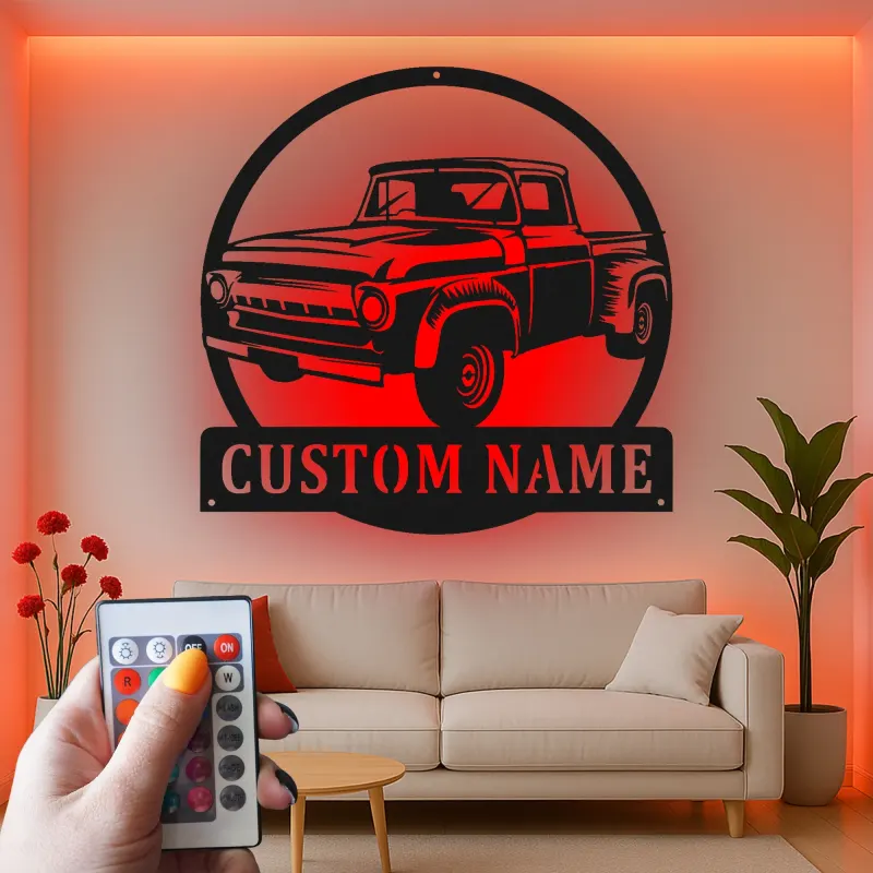 Personalisierte Vintage-Truck LED-Licht Metall-Wandkunst Geschenk für Auto-Enthusiasten Garagen- oder Männerecken-Dekor 1