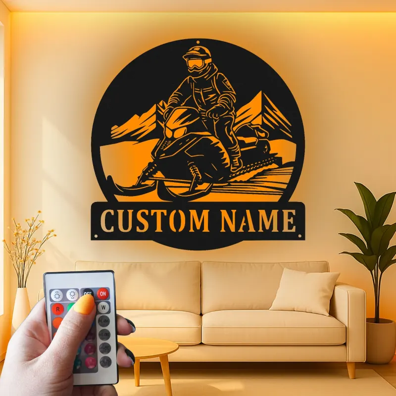 Arte murale in metallo per pilota di motoslitta | Insegna LED personalizzata per garage o man cave | Regalo per sport invernali per lui
