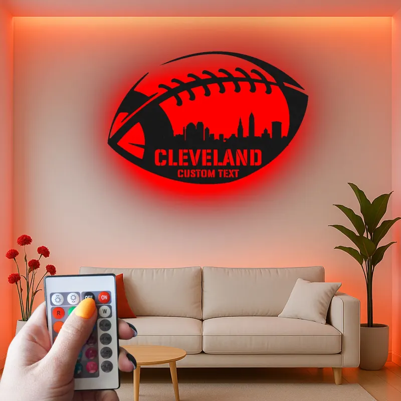 Personalized Football LED Sign | Custom City Skyline Metal Wall Art | Man Cave Decor & Gift for Fans