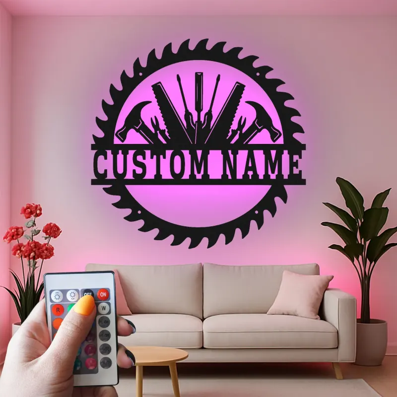 Custom Workshop Tools Led Light Metal Wall Art Personalized Gift for Handyman Garage Decor for Tool Lovers