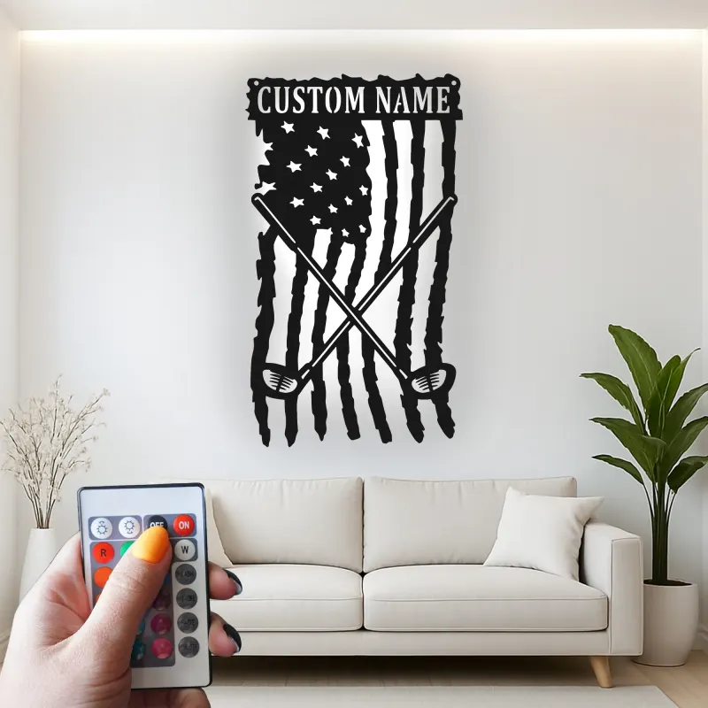 Custom Golf American Flag LED Sign | Personalized Metal Wall Art | Golfer Name Decor for Man Cave & Office | Hand-Crafted Patriotic Gift
