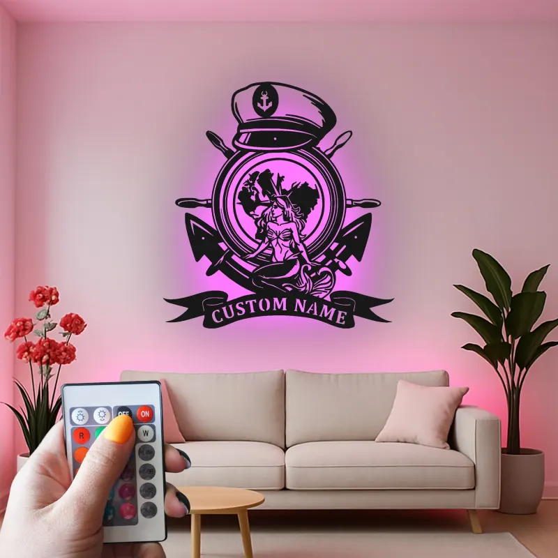 Insegna in metallo Nautica Sirena con LED | Arte murale personalizzata Ancora e timone | Regalo per amante del mare per capitano di barca o man cave