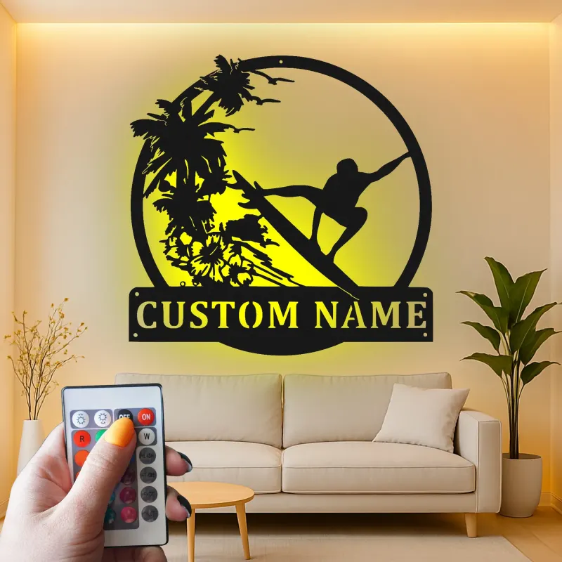 Custom Surfer Metal Wall Art | Personalized LED Beach House Decor | Tropical Wave Silhouette Sign | Gift for Ocean Lovers