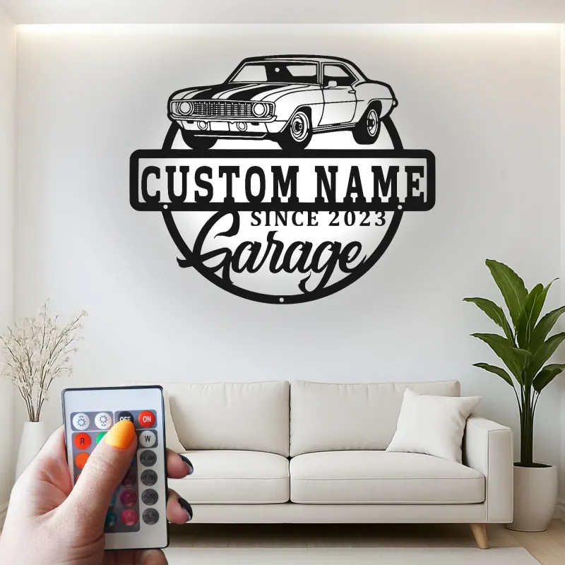 Insegna in metallo LED personalizzata per garage con auto muscolare regalo per appassionati di auto decorazione man cave 2