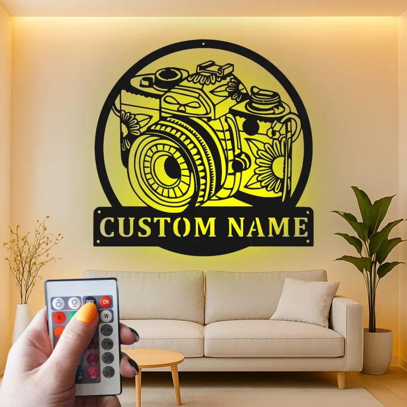 Personalisierte Vintage Kamera LED Licht Metall-Wandkunst Geschenk für Fotografen, Studio- oder Bürodekor