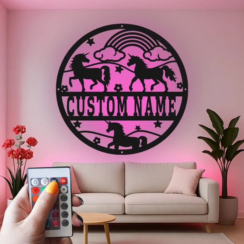 Custom Unicorn and Rainbow Led Light Metal Wall Art Personalized Gift for Kids Nursery Room Decor