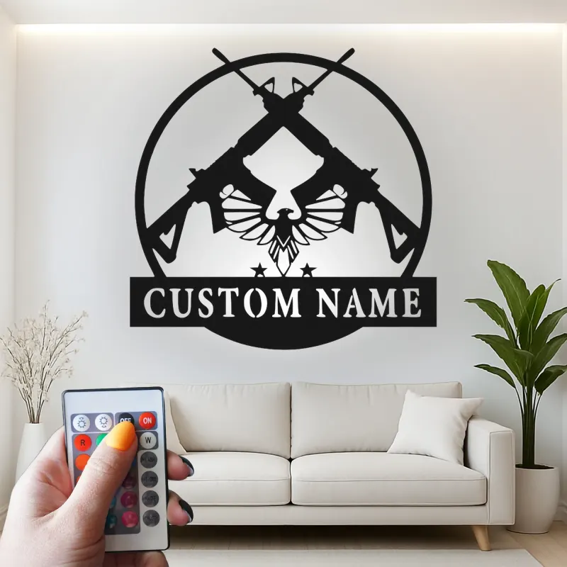 Insegna in metallo personalizzata con fucile e aquila e luce LED regalo per appassionati di armi decorazione per man cave o garage