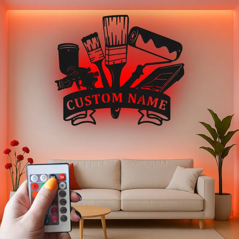 Personalized Painter Tools Sign | LED Metal Wall Art for Paint Shop | Custom Name Decor for Painting Contractor Gift