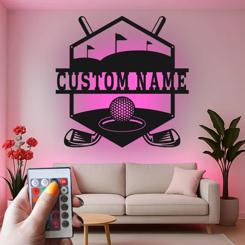 Insegna da golf personalizzata con luce LED | Arte con nome in metallo su misura per parete | Decorazione per home bar e sala giochi | Regalo per golfista