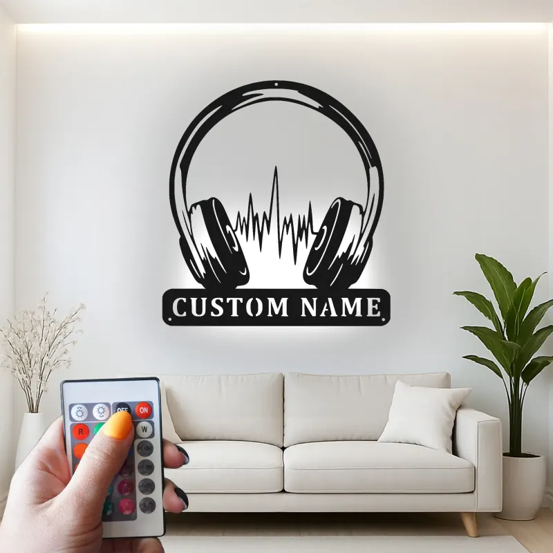 Insegna LED per Cuffie Personalizzata | Insegna in Metallo per Studio DJ | Regalo per Amanti della Musica | Decorazione Soundwave