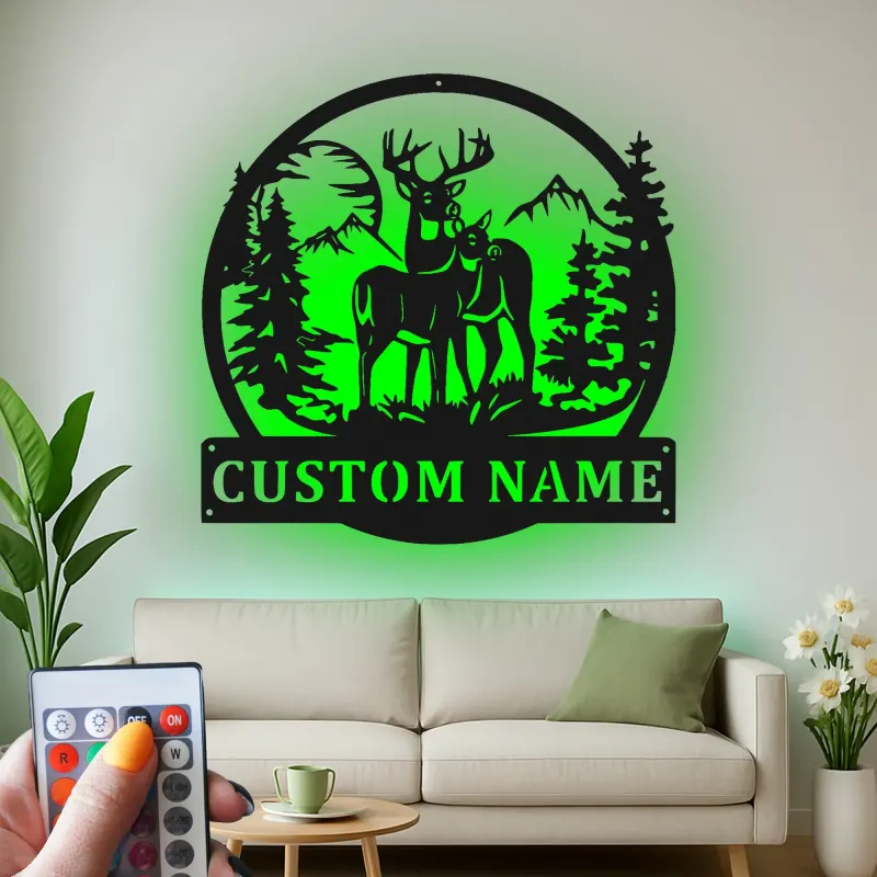 Décoration murale en métal personnalisée avec éclairage LED pour la famille de cerfs - Cadeau personnalisé pour les amoureux de la nature et le décor de cabane rustique