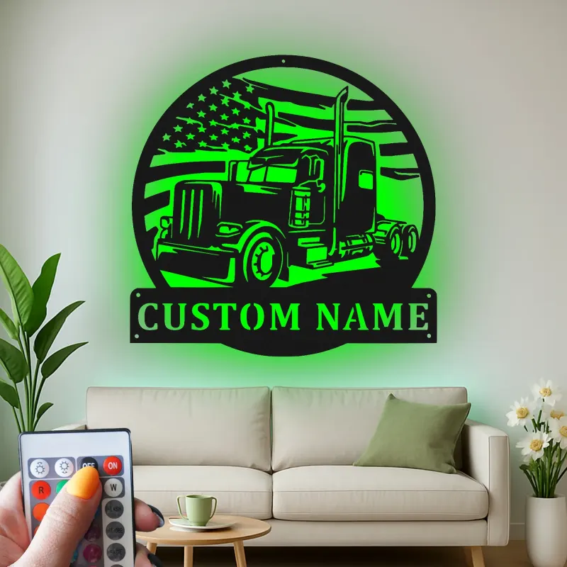 Panneau Métallique LED Personnalisé de Camion Semi | Art Mural avec Drapeau Américain | Cadeau Personnalisé pour Camionneur pour Man Cave & Garage