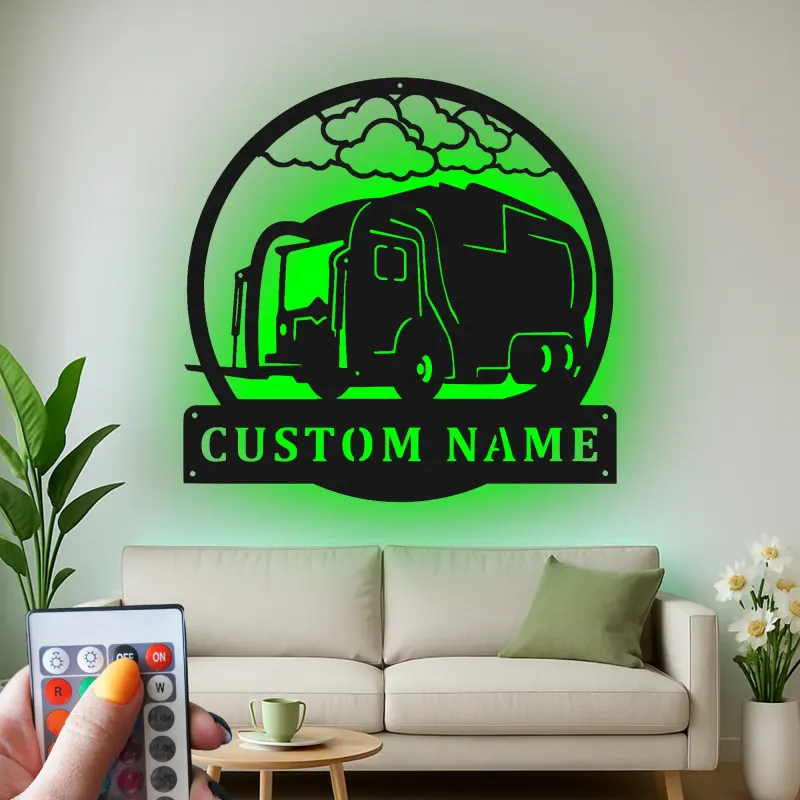 Personalisierte LED-Metall-Wandkunst mit Müllwagen – Einzigartiges Geschenk für Mitarbeitende der Abfallwirtschaft, Garagen- oder Bürodeko