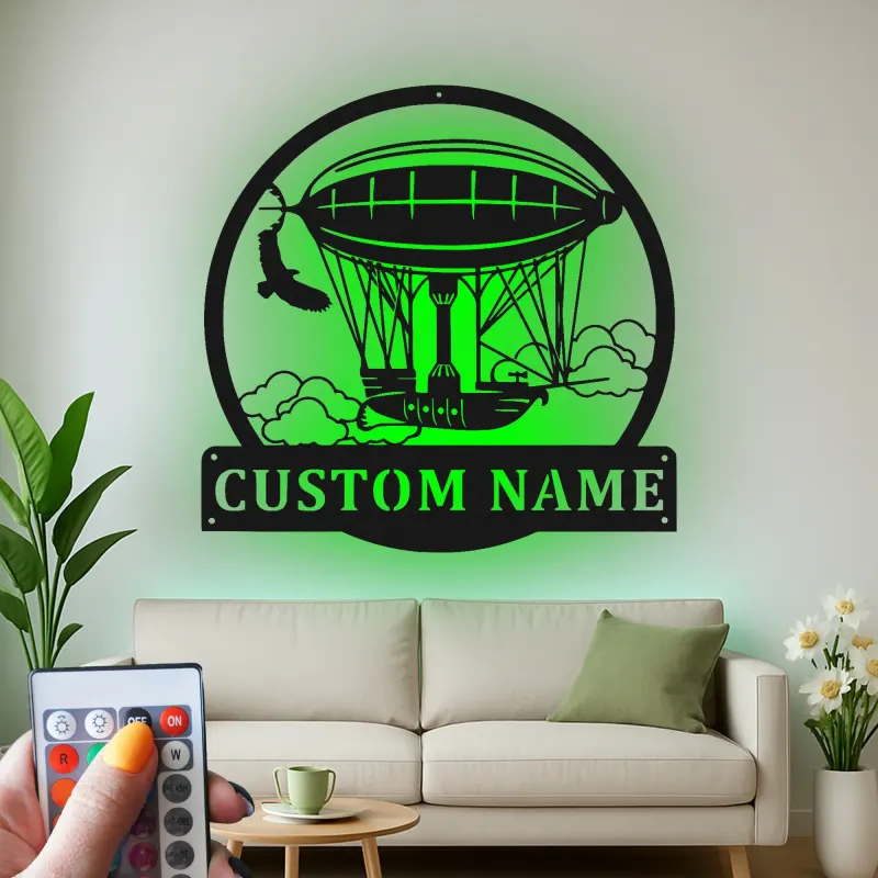 Décoration murale en métal personnalisée avec rétroéclairage LED d'airship steampunk - Cadeau unique pour les passionnés d'aviation, décoration de bureau ou de salon