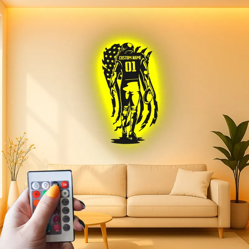 Cartel de Jugador de Fútbol Personalizado de Metal | Arte Mural LED para Habitación de Adolescentes | Nombre y Número Personalizados de Atleta | Decoración para Man Cave de Fanático del Deporte