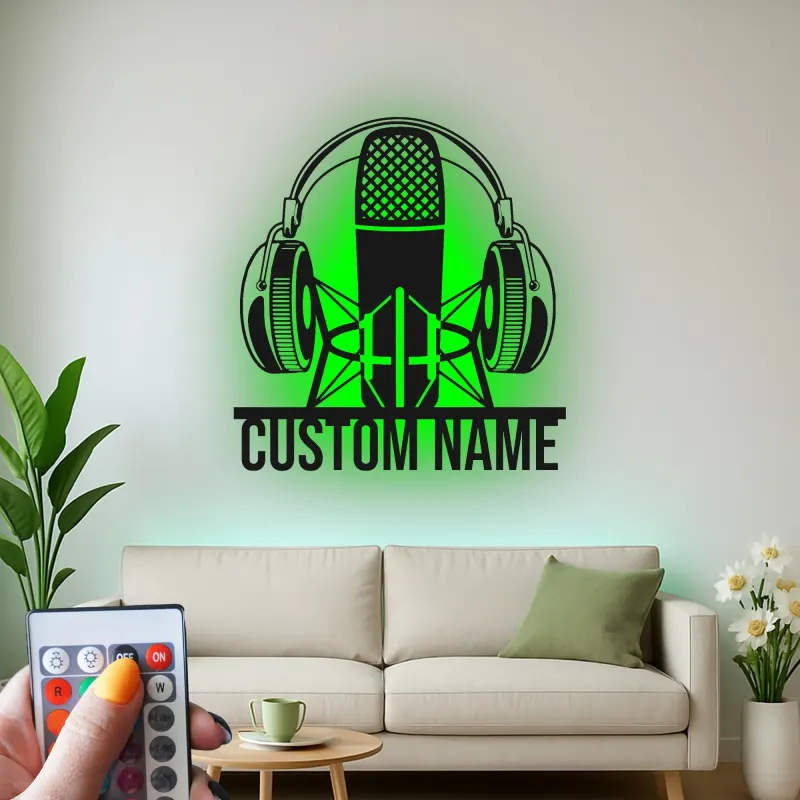 Custom Podcast Mic Sign | Personalized LED Metal Wall Art | Studio Decor for Podcaster & Musician Gift