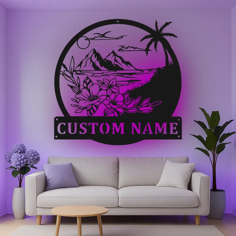 Décoration murale en métal personnalisée avec rétroéclairage LED Paysage Tropical - Cadeau pour Maison de Plage - Décor de Salon Côtier