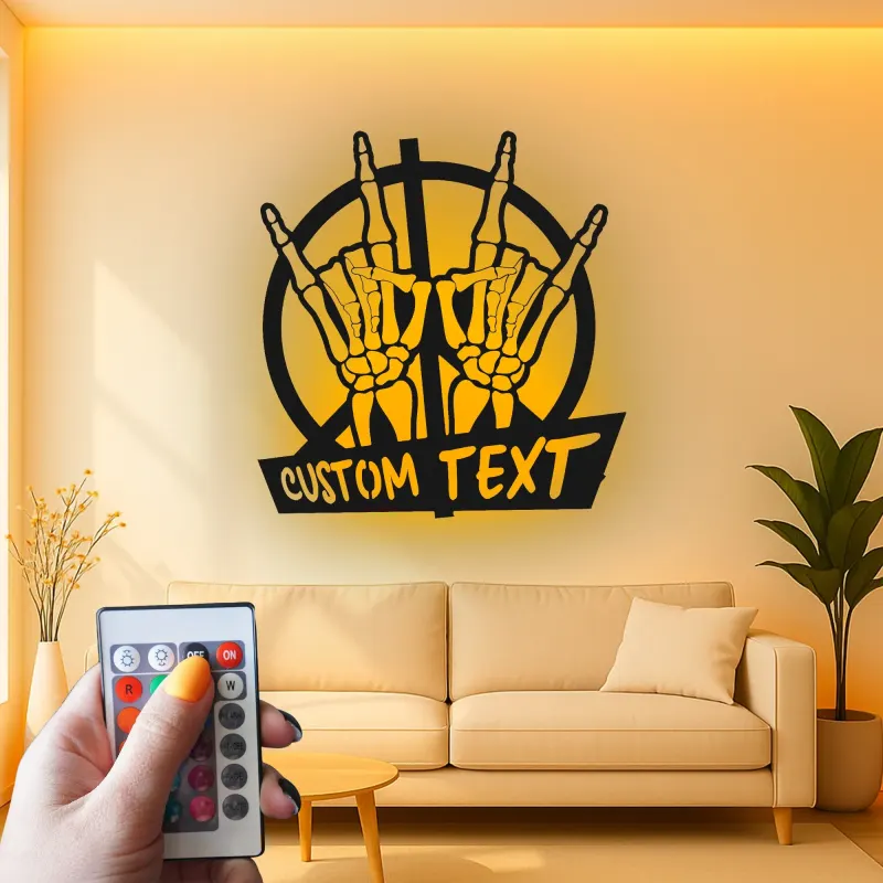 Insegna Rock On con Mani Scheletriche | Arte in Metallo LED Personalizzata | Targa per Amanti della Musica e Decorazione Gotica