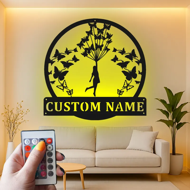 Personalisierte LED-beleuchtete Metall-Wandkunst mit Mädchen und Schmetterlingen – Geschenk für Sie, Schlafzimmer- oder Kinderzimmerdeko