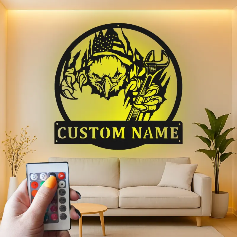Custom Eagle with Wrench Led Light Metal Wall Art Patriotic Gift for Mechanics Garage Decor