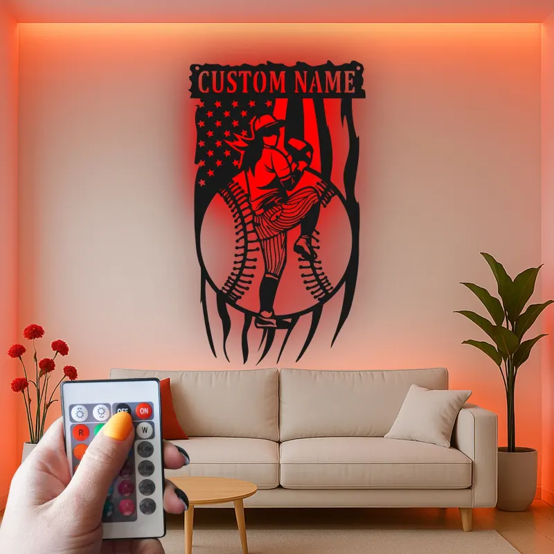 Décoration murale en métal personnalisée avec rétroéclairage LED pour lanceur de baseball - Cadeau sportif pour les fans de baseball