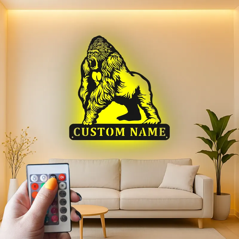 Gorilla LED Metal Wall Art | Custom Name Sign for Home Gym & Man Cave | Personalized Wildlife Decor