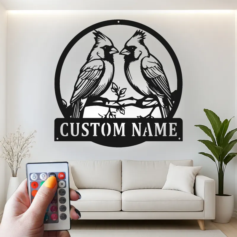 Personalisierte LED-Metall-Wandkunst mit Kardinalpaar – Geschenk für Vogelliebhaber, Naturdeko fürs Wohnzimmer