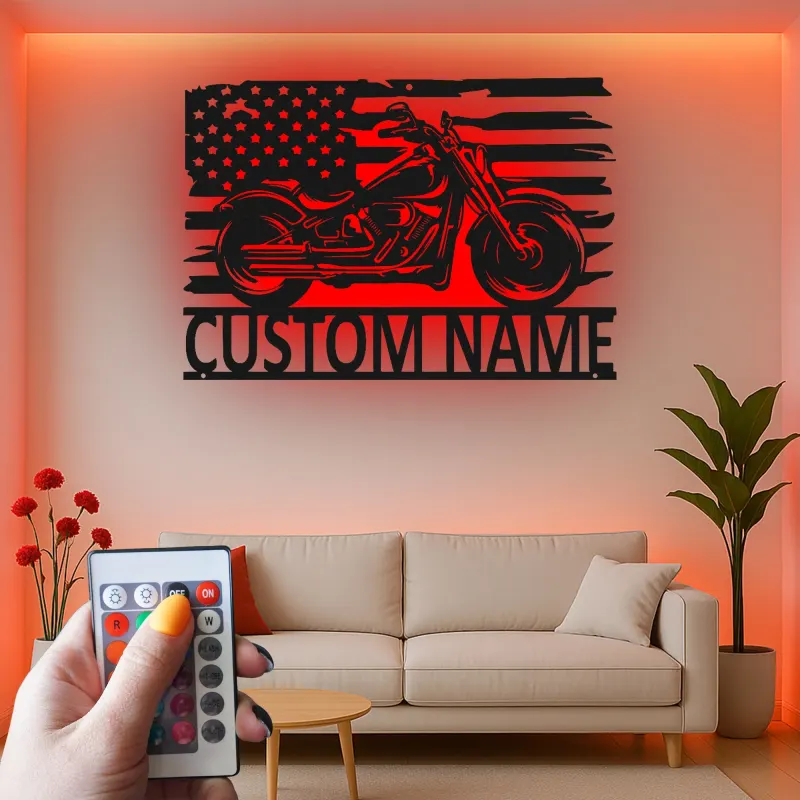 Insegna in metallo personalizzata con bandiera americana e luce LED regalo per motociclisti decorazione per garage