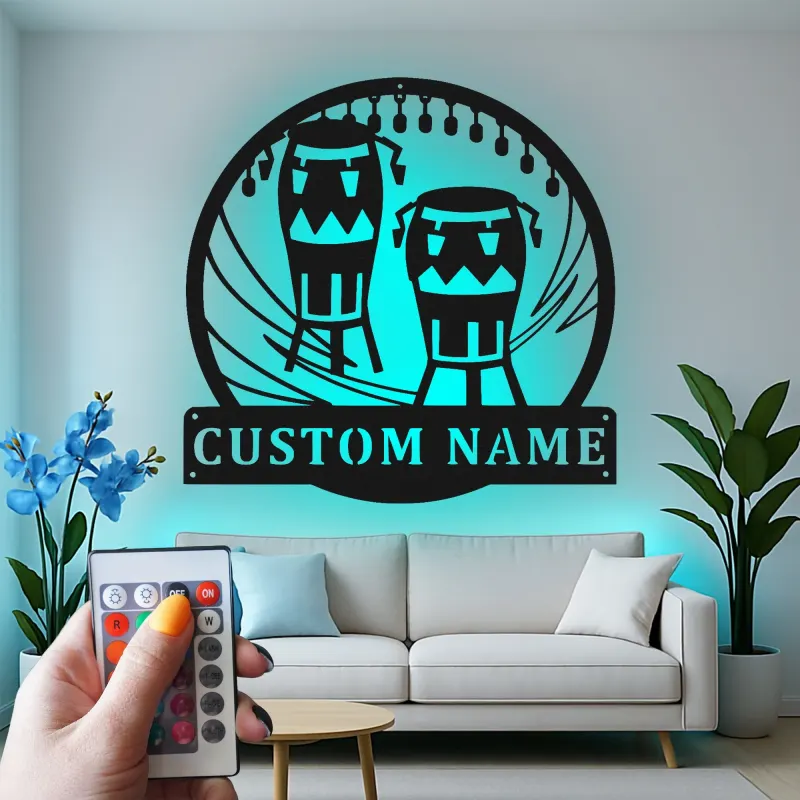 Cartel de metal personalizado con luz LED de bongos para regalo de músico, decoración de sala de música