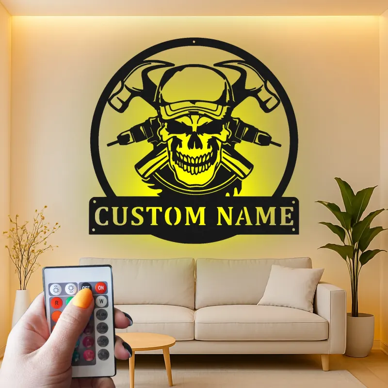 Panneau en métal personnalisé avec crâne de mécanicien | Décoration murale LED pour garage | Plaque de nom de l'atelier | Cadeau pour lui