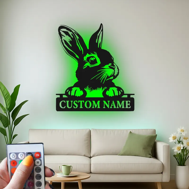 Personalized LED Rabbit Metal Sign | Custom Bunny Silhouette Wall Art | Pet Lover Gift | Modern Nursery Decor