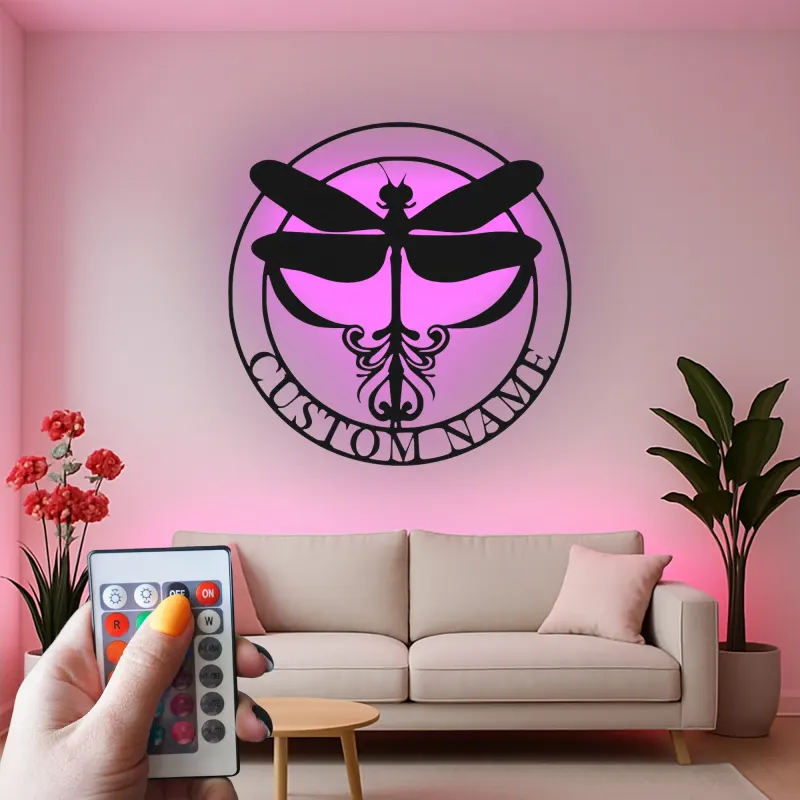 Cartel de metal personalizado con luz LED de libélula, regalo para amantes de la naturaleza, decoración para dormitorio o salón