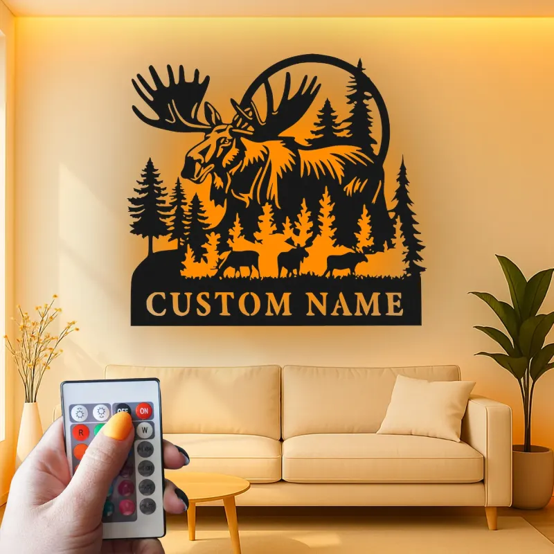 Custom Moose Family Metal Sign | LED Wall Art for Cabin & Lodge Decor | Personalized Rustic Wildlife Nature Lover Gift