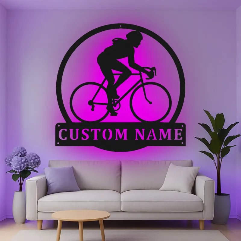 Custom Cyclist Led Light Metal Wall Art Personalized Gift for Biking Enthusiasts Garage or Home Gym Decor