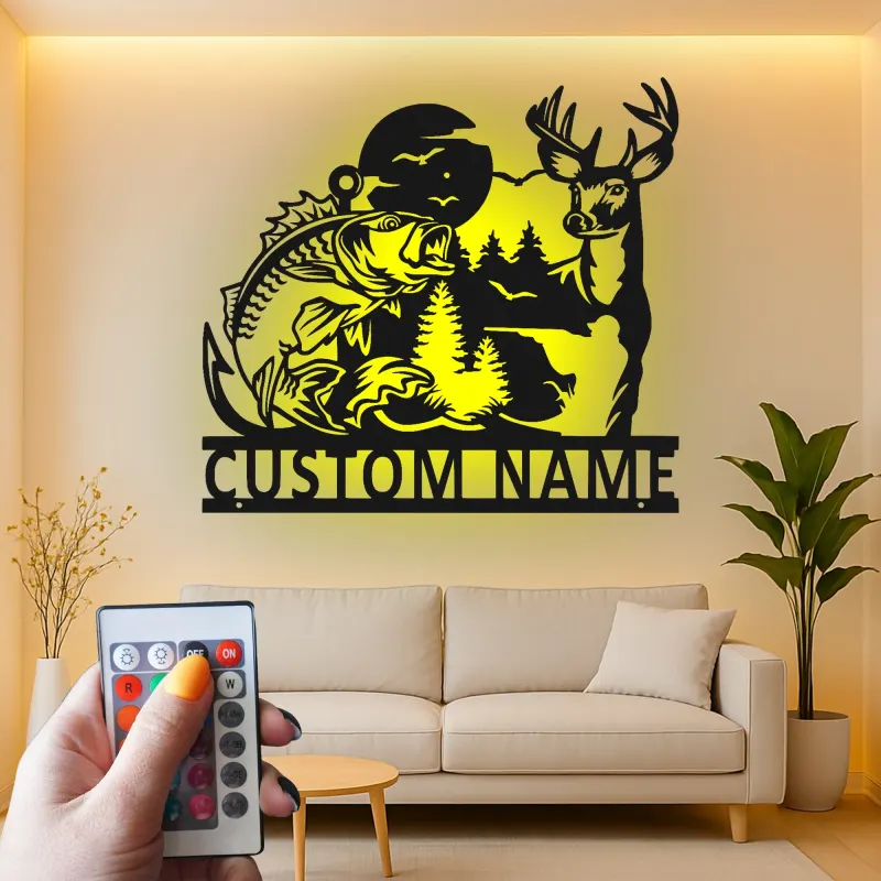 Insegna in metallo personalizzata con cervo e pesce persico retroilluminata LED regalo per amanti della natura decorazione per cabin o man cave