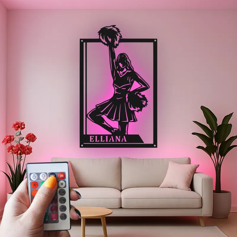 Personalisierte Cheerleader LED-beleuchtete Metall-Wandkunst – Geschenk für Cheer-Teamzimmer oder Spielzimmer-Deko