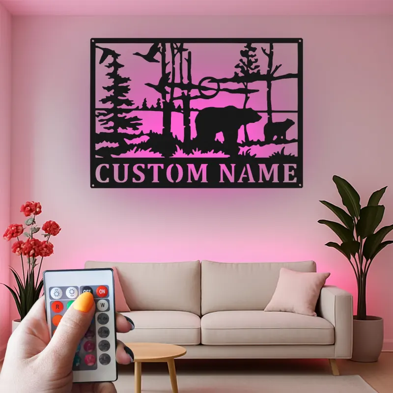 Custom Bear Forest Scene Led Light Metal Wall Art Personalized Wildlife Gift Cabin Decor for Nature Lovers