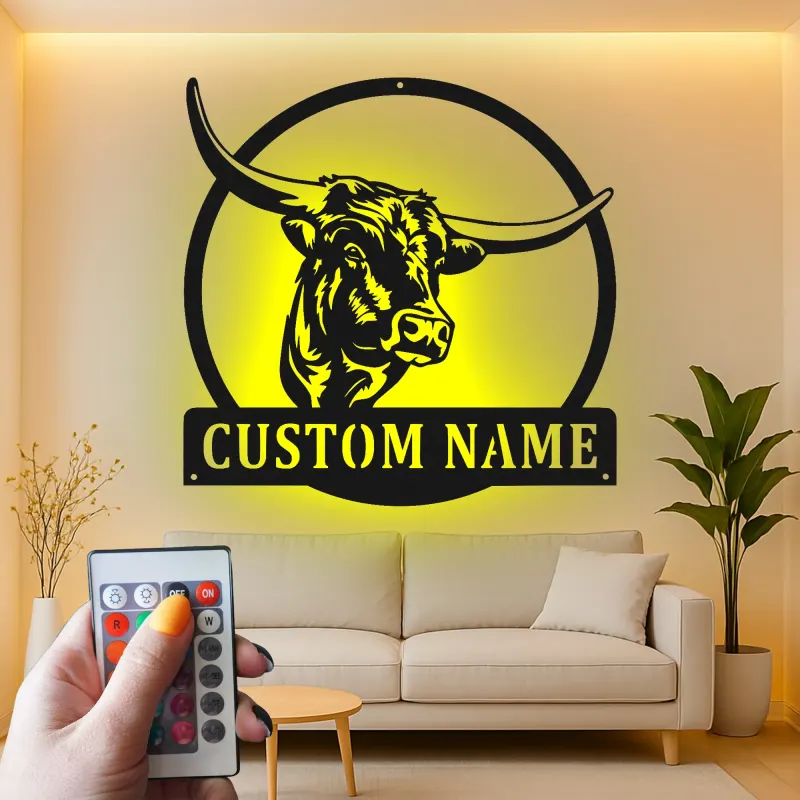 Décoration murale en métal personnalisée avec longhorn et rétroéclairage LED - Cadeau pour rancher, décoration de style western pour la maison