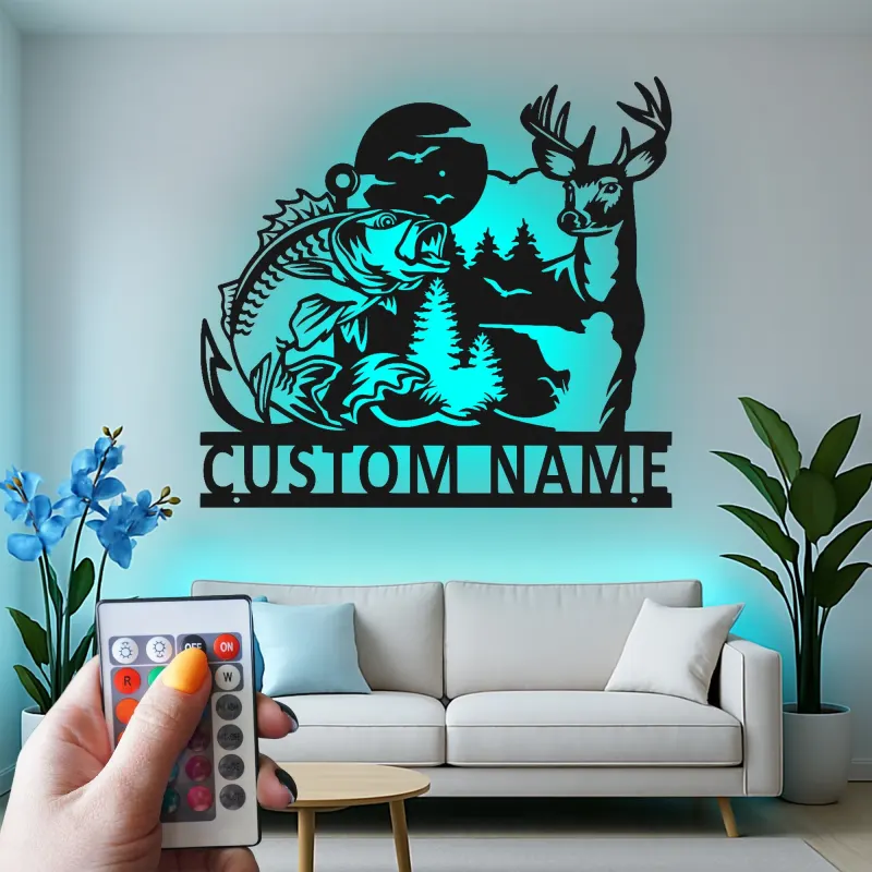 Insegna in metallo personalizzata con cervo e pesce persico retroilluminata LED regalo per amanti della natura decorazione per cabin o man cave