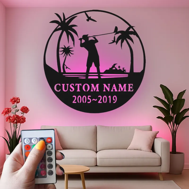 Décoration murale en métal personnalisée pour golfeur avec LED | Déco sur mesure pour club de golf | Panneau gravé avec prénom | Cadeau pour passionné de golf
