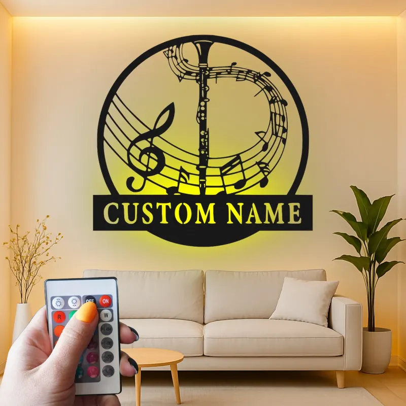 Insegna in metallo LED personalizzata con note musicali e trombone - Regalo per amanti della musica, decorazione per soggiorno o studio