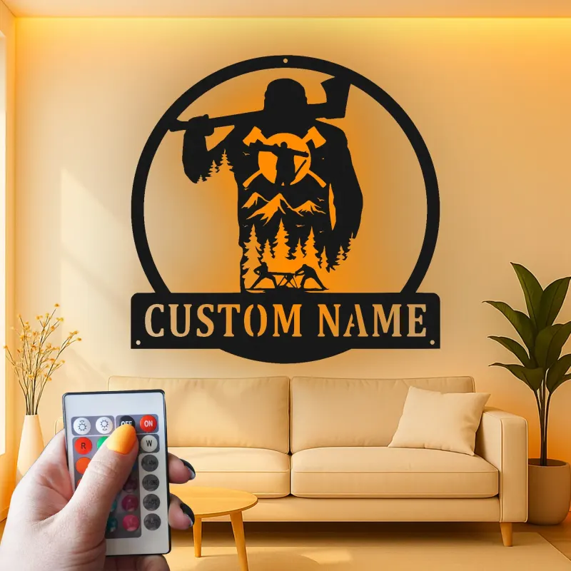 Custom Lumberjack Metal Sign | LED Mountain Wall Art | Personalized Outdoorsman Gift for Rustic Cabin Decor