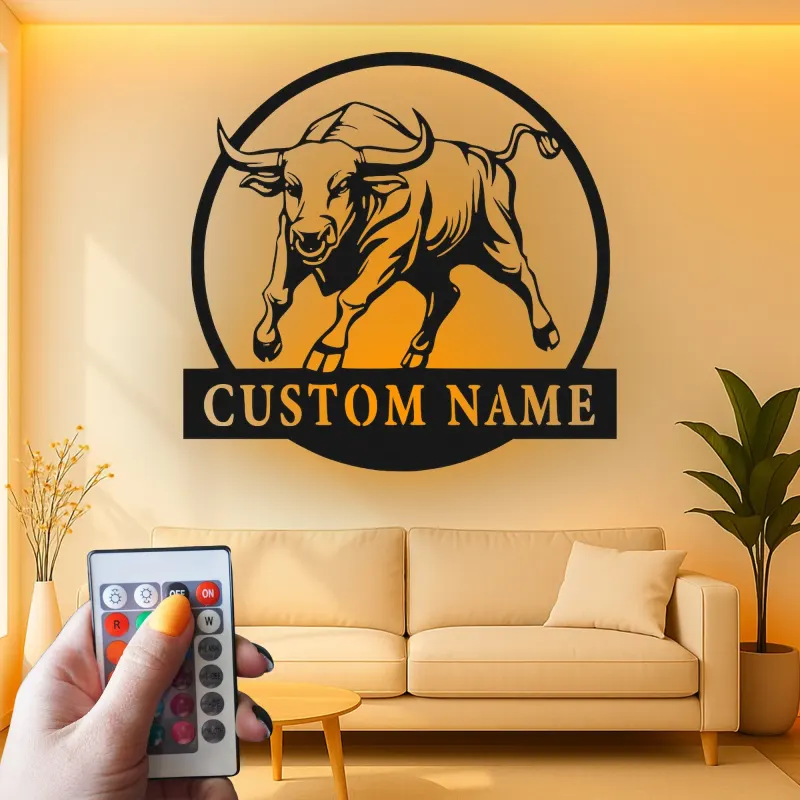 Décoration murale en métal personnalisée avec éclairage LED de taureau - Cadeau pour éleveurs - Décor de ferme rustique 1
