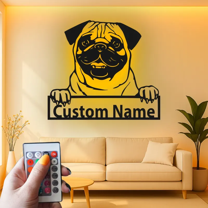 Insegna LED Pug Personalizzata | Insegna in Metallo per Cani | Regalo per Amanti degli Animali e Decorazione per Nursery | Silhouette di Cucciolo Realistica